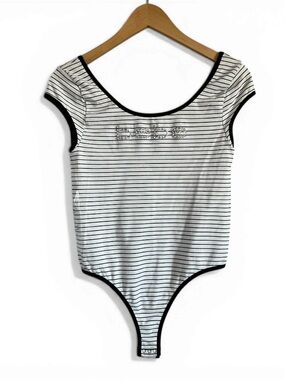 bebe Black & White Striped Capped Sleeve Bodysuit